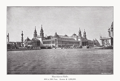 Machinery Hall, or the Palace of Mechanic Art - one of the most elaborate structures of the Columbian Exposition. The World's Columbian Exposition, also known as the Chicago World's Fair, was a world's fair held in Chicago from May 5 to October 31, 1893, to celebrate the 400th anniversary of Christopher Columbus's arrival in the New World in 1492. Halftone print based on a photograph, published in 1893.