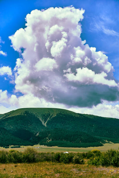 istock panoramic view of the mountains covered with coniferous forest and cumulus clouds above them 2151305921