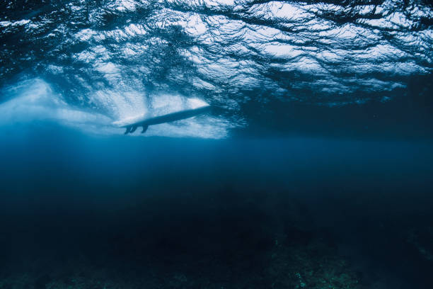 istock Wave underwater and surfer riding on surfboard in ocean. Underwater crashing wave and surfboard during surfing 2151306453