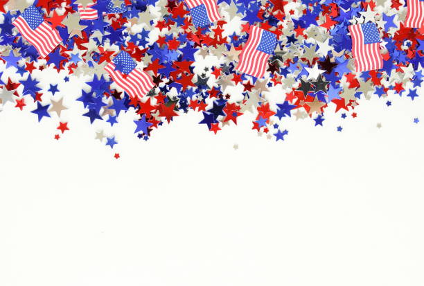 istock 4th of July USA Independence Day decorations stars and flags confetti pattern frame isolated  on white background. 2151309093