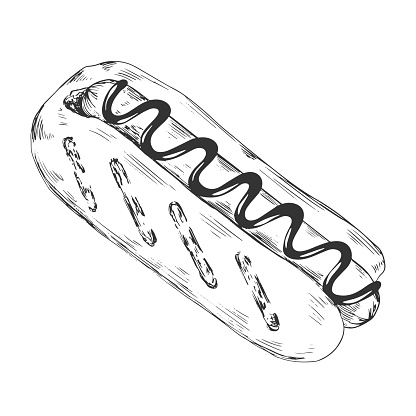 Black and white hot dog isolated on white background. Sketch style bun with sausage and sauce. Engraved illustration of hot dog. Street food