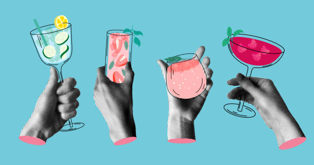 Hands holding summer cocktails Group people drink summer cocktails. Halftone hands holding alcoholic and non-alcoholic drinks. People celebrate event together. Modern collage. Newspaper elements. celebratory-toast stock illustrations