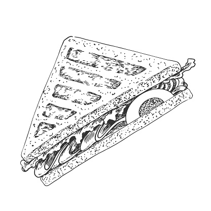 Sketch style grilled sandwich with egg, salad and bacon isolated on white background. Black and white illustration of sandwich. Fast food. Triangle bread drawing with hatching