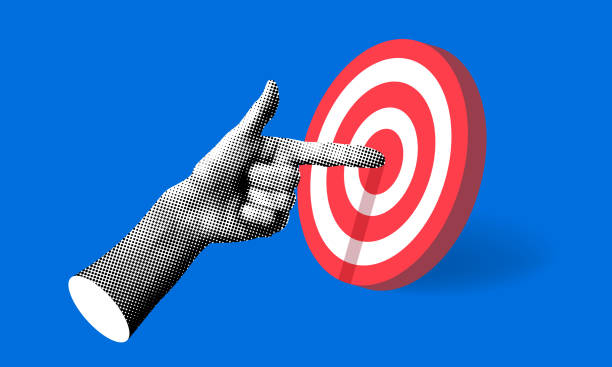 Hand points to the center of target Halftone hand points to the center of target. Index finger pointing at darts. Modern collage. Successful business idea concept. Hitting the target. Achieving the goal. Work problem resolution spy games stock illustrations