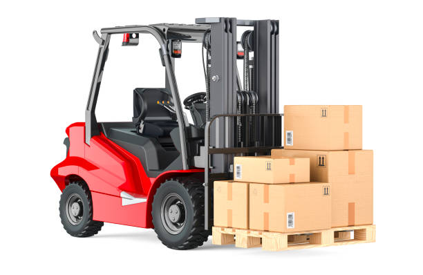 Forklift truck with parcels, cardboard boxes. 3D rendering isolated on white background