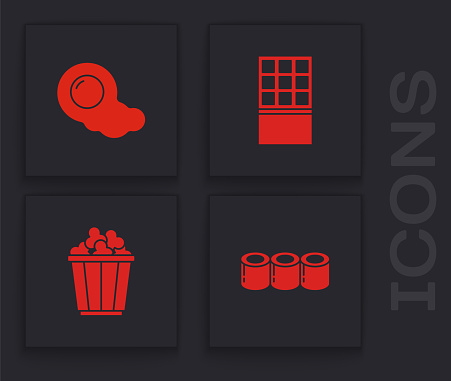 Set Sushi, Scrambled eggs, Chocolate bar and Popcorn in box icon. Vector.