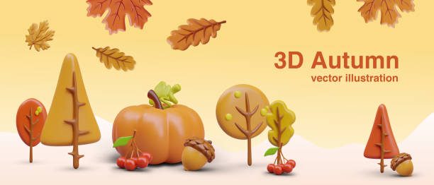 Creative horizontal autumn concept in plasticine style Creative horizontal autumn concept in plasticine style. 3D yellowed trees, leaves, berries, acorns. Place for ad text, header, link button. Cute seasonal web design 3d render stock illustrations