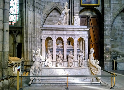 April 20, 2024, St. Denis (France). The Tomb of Louis XII and Anne of Brittany is a large and complex silver-gilt and marble sculptured 16th century funerary monument.
