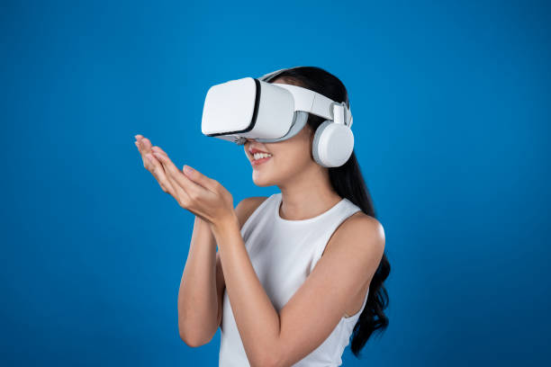 istock Elegant female stand excited seeing virtual scenery in metaverse. Hallucination. 2151323819