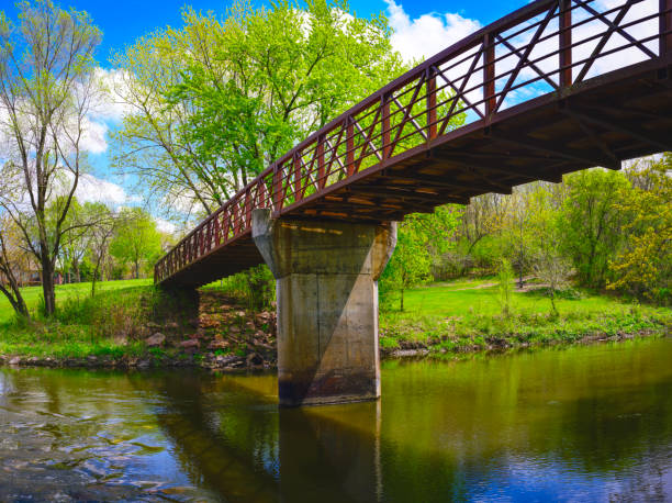 istock Tranquil beautiful spring forest landscape with the rustic footbridge and arching maple trees over the Big Sioux River at Parsly Park in Sioux Falls, South Dakota, USA 2151332527