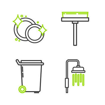 Set line Shower head with water drops flowing Trash can Squeegee scraper wiper and Washing dishes icon. Vector.
