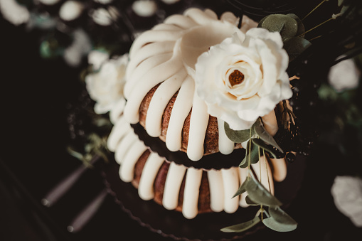 Wedding cake bundt cake dessert at wedding reception with decorations