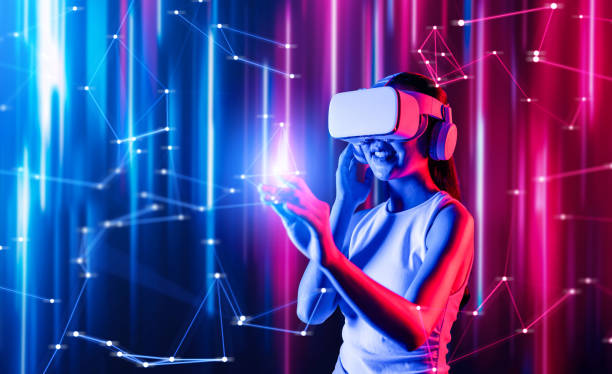 istock Elegant woman in metaverse woman use finger touch virtual object. Hallucination. 2151337995