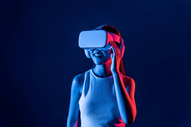 istock Elegant female connect metaverse looking generated virtual area. Hallucination. 2151339224
