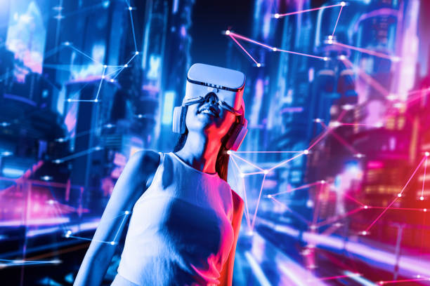 istock Smart female connect metaverse looking up faraway to virtual sky. Hallucination. 2151341517