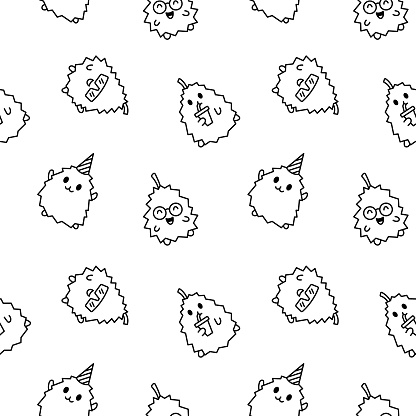 Cute happy durian character emoticon. Seamless pattern. Coloring Page. Kawaii cartoon fruit. Hand drawn style. Vector drawing. Design ornaments.