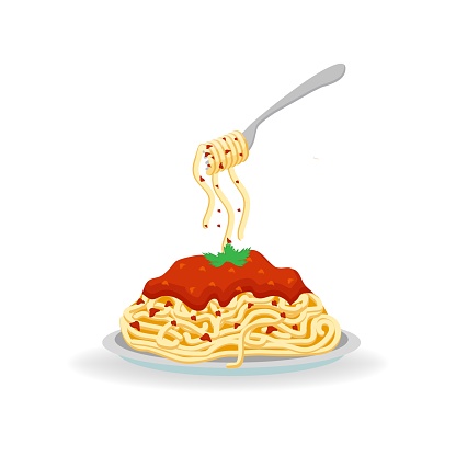 Spaghetti pasta with shrimps, cherry tomatoes and parsley on a blue plate. Italian cuisine. Vector illustration.
