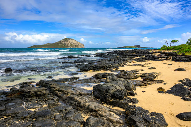Lava rocks at the beautiful Makapu'u Beach and the island Manana at the east coast of Oahu, Hawaii