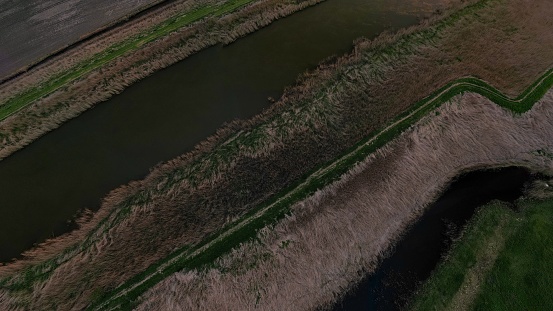 An aerial view directly above the River Waveney at Herringfleet, Suffolk, UK