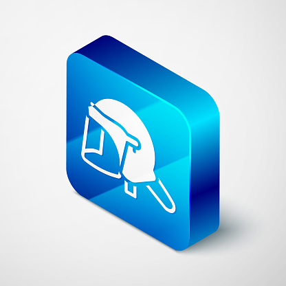 Isometric Police helmet icon isolated on grey background. Military helmet. Blue square button. Vector.