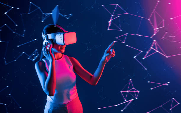 istock Female connect metaverse use finger touch virtual reality object. Hallucination. 2151348682