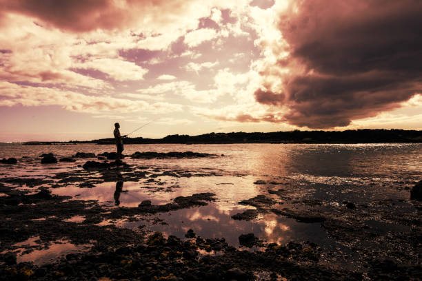 Unrecognized fisherman holding rod standing on the rock on the beach fishing over water clouds sky background at sunset Maui Hawaii