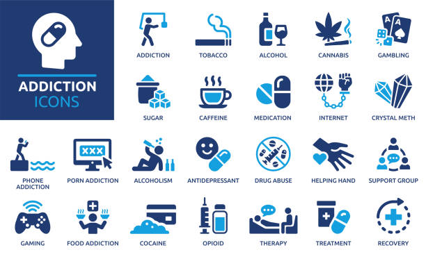 Addiction icon set. Solid icon collection. Vector illustration. Containing tobacco, alcohol, cannabis, gambling, cocaine, drug and more. Vector solid icons collection. junkie stock illustrations