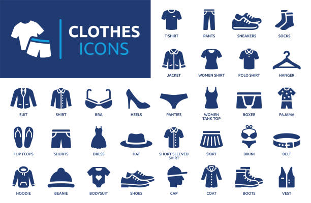 ilustraciones, imágenes clip art, dibujos animados e iconos de stock de conjunto de iconos de ropa. colección de iconos sólidos. ilustración vectorial. - vestido