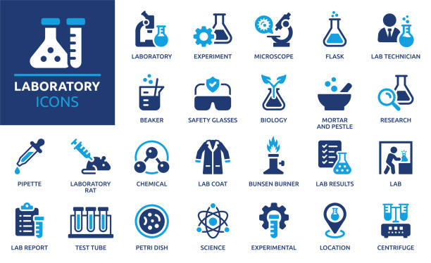 Laboratory icon set. Solid icon collection. Vector illustration. Containing experiment, test tube, microscope, flask, chemical, biology, research, lab and more. laboratory technician icon stock illustrations