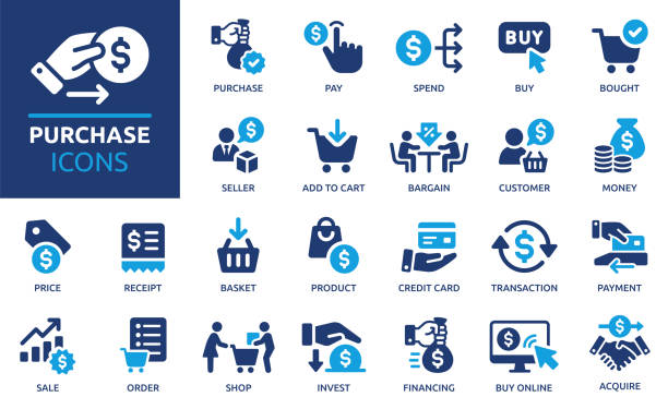 Purchase icon set. Solid icon collection. Vector illustration. Containing buy, pay, order, shop, price, payment, product, spend, receipt and more. impulse shopping stock illustrations
