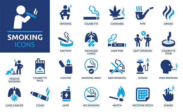 Smoking icon set. Solid icon collection. Vector illustration. Containing cigarette, cannabis, smoke, vape, cigar, ashtray, nicotine and more. marijuana hookah stock illustrations