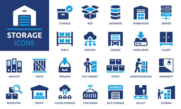 Storage icon set. Solid icon collection. Vector illustration. Containing warehouse, database, box, inventory, container, shelf, archive and more. usb drive stock illustrations