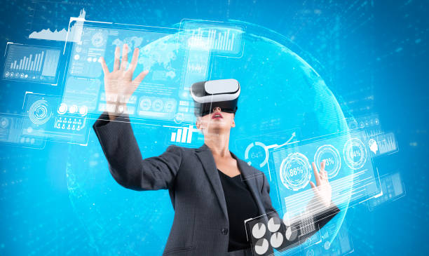 istock Businesswoman using VR goggle to look at financial data analysis. Contraption. 2151355959