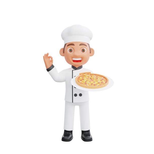 3d illustration of a chef cartoon character design. The chef is performing various activities in the kitchen