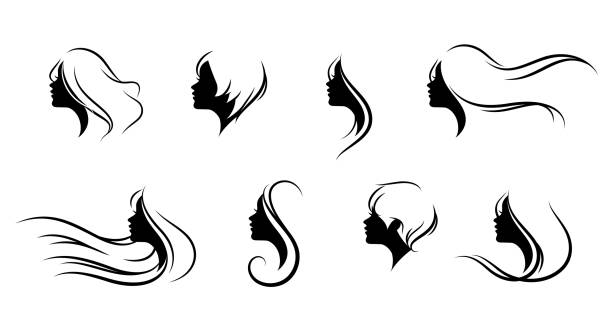 ilustrações, clipart, desenhos animados e ícones de rosto da mulher da beleza definido no penteado da silhueta - cabelo humano