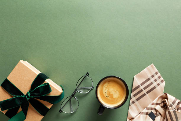 istock Flatlay composition with tie, gift box, coffee cup, glasses on dark green background. Happy Fathers Day concept. Top view. 2151368629