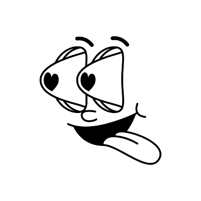 Groovie cartoon face with hearts in eyes and wow tongue out, vector funny comic emotion. Retro groovy face with in love goggle eyes, stare looking emoji or retro doodle line art emoticon character