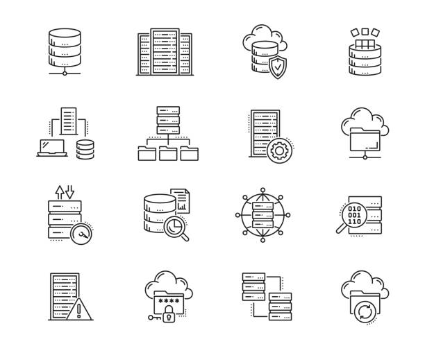 Database, network server and cloud storage icons Database, network server and cloud storage icons. File storage center, hosting platform technology or web datacenter system line vector signs. Data backup online server linear pictograms or icons data center stock illustrations