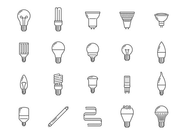 illustrazioni stock, clip art, cartoni animati e icone di tendenza di lampadina e lampadina a led linea icone isolate set - luce led