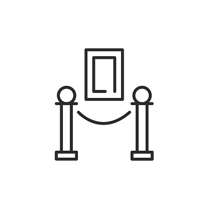 Museum art display icon. Simple vector symbol for a museum gallery or art exhibit, representing a framed painting and protective barriers. For cultural and educational platforms. Vector illustration