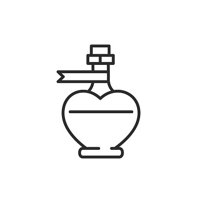Love elixir potion icon. A heart-shaped bottle representing a magical love potion, found in tales of fantasy and romance. Ideal for thematic decorations, romantic storytelling. Vector illustration