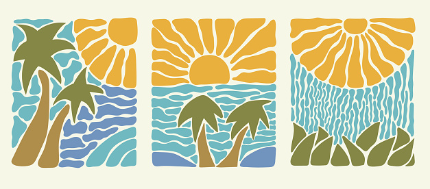 Set of abstract groovy curve seascape. Drawn pastel colorful sun and sea palm tree in modern vintage style. Organic doodle shapes in trendy naive hippie 60s 70s style.
