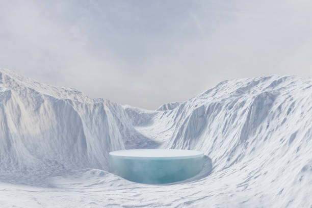 istock 3d render platform and Natural winter background, Ice podium on Snow peak above a vast landscape of frozen mountains for product stand display, advertising, mockup or etc 2151380587