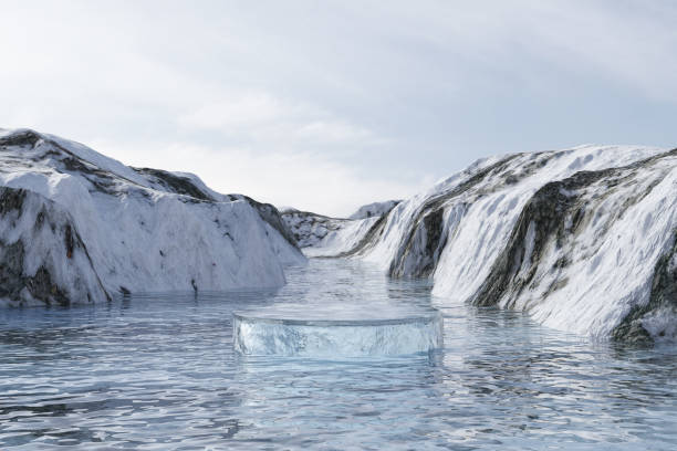 istock 3d render platform and Natural winter background, Ice podium floating on the lake backdrop snow mountain and glacier in daytime for product stand display, advertising, mockup or etc 2151380588