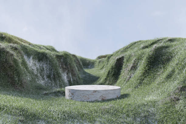 istock 3d render platform and Natural winter background, Stone podium on Grassland in the valley after snowfall for product stand display, advertising, mockup or etc 2151380593