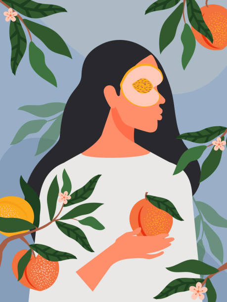 istock A brunette woman in a peach garden holds a ripe fruit in her hand. Vector. 2151386796