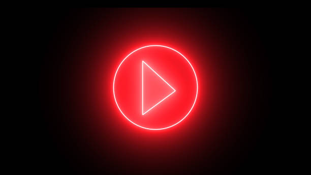 Glowing red neon shine play button with neon circle. Wide gaming background with glowing play button. Press to play. Start button. Play button icon