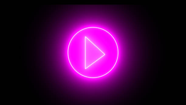istock Glowing pink neon shine play button with neon circle. Wide gaming background with glowing play button. Press to play. Start button. Play button icon 2151386982