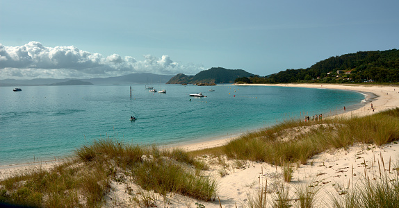 Beautiful view of Rhodes beach with its turquoise waters and fine sand on the Cies Islands