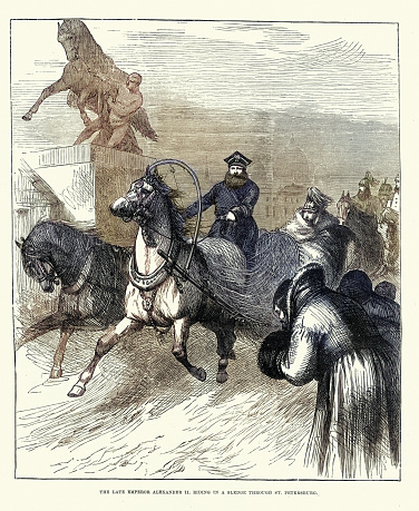 Alexander II of Russia, Emperor of Russia, riding sledge through St Petersburg, 1881, Victorian History, Vintage illustration